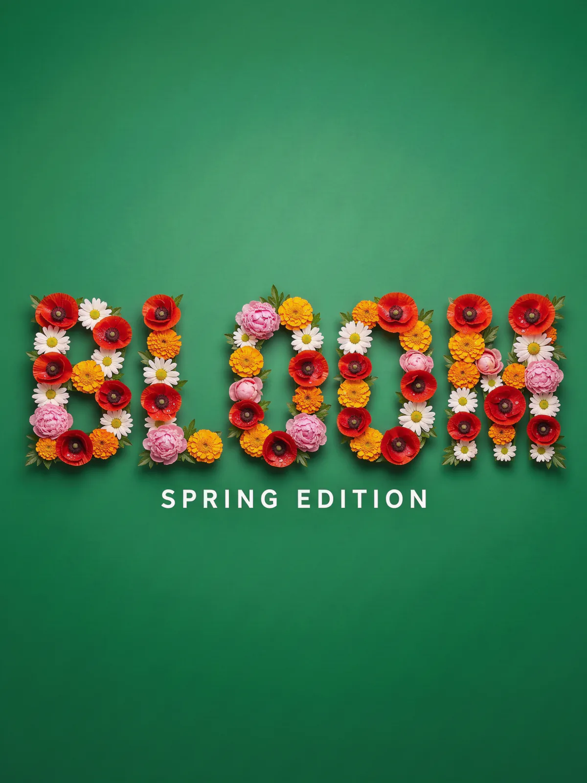 Result of the BLOOM spelled in flowers prompt: the word BLOOM spelled in poppies, marigolds, peonies and daisies on a deep green background
