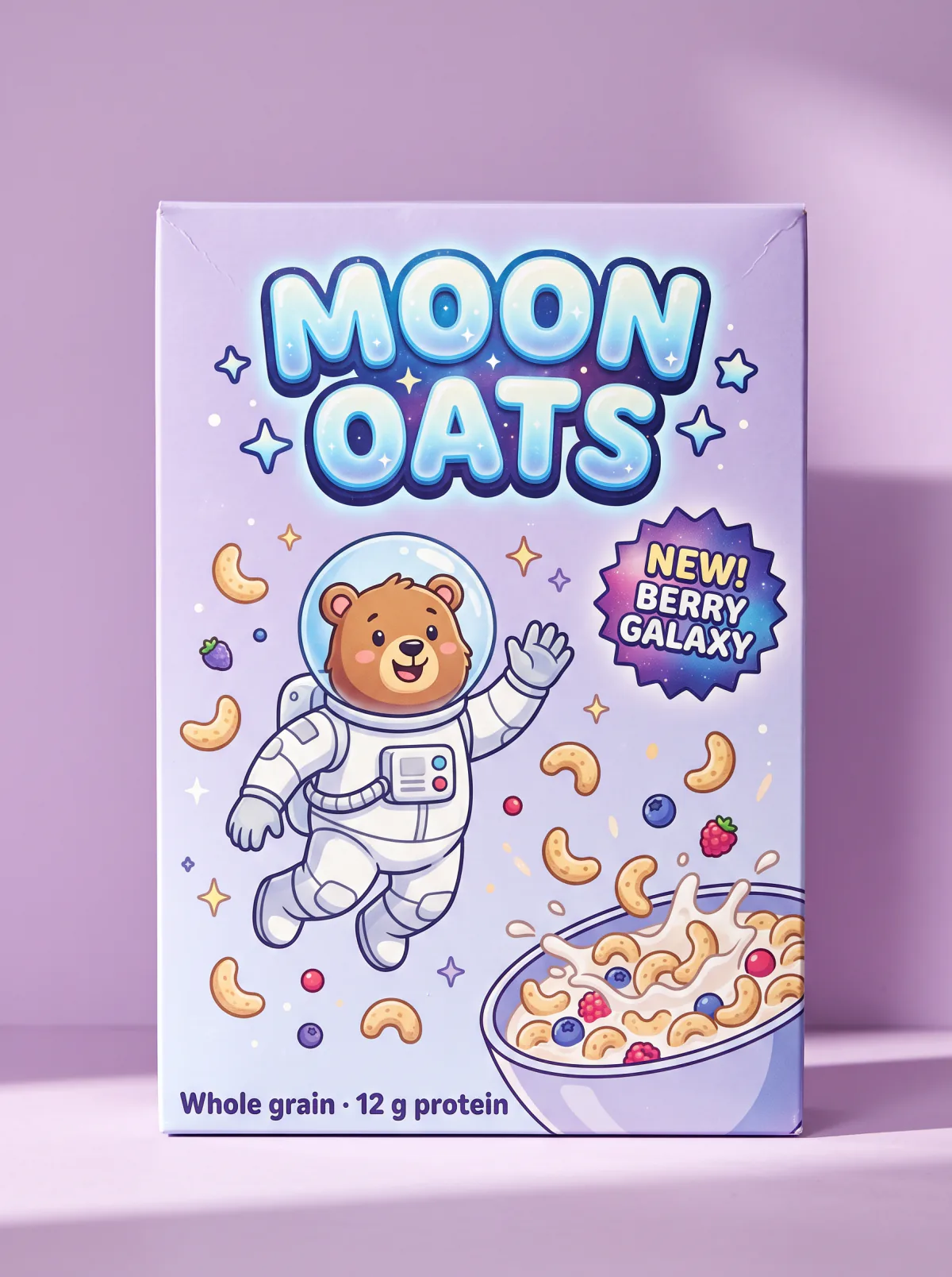 Result of the MOON OATS cereal box prompt: lilac Moon Oats cereal box with an astronaut bear, crescent oats and a New! Berry Galaxy badge
