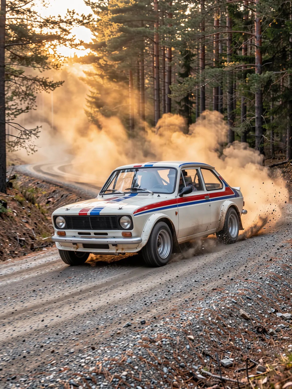 Result of the Rally car sliding through dust prompt: white vintage rally car with red and blue stripes sliding through a gravel bend in a pine forest, raising golden dust