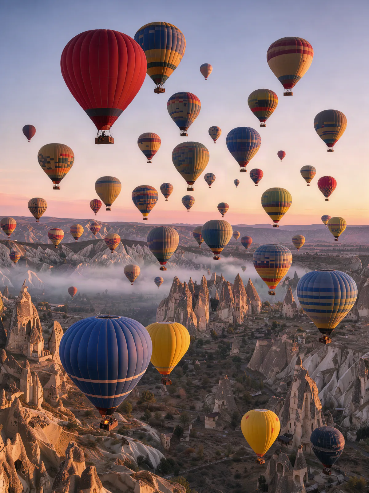 Result of the Balloons over Cappadocia prompt: dozens of colourful hot-air balloons over the rock valleys of Cappadocia at sunrise