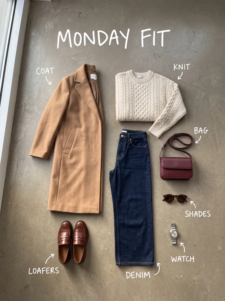 Outfit flat lay with labels