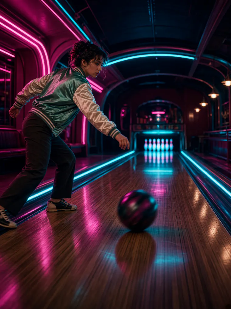 Neon bowling alley at night