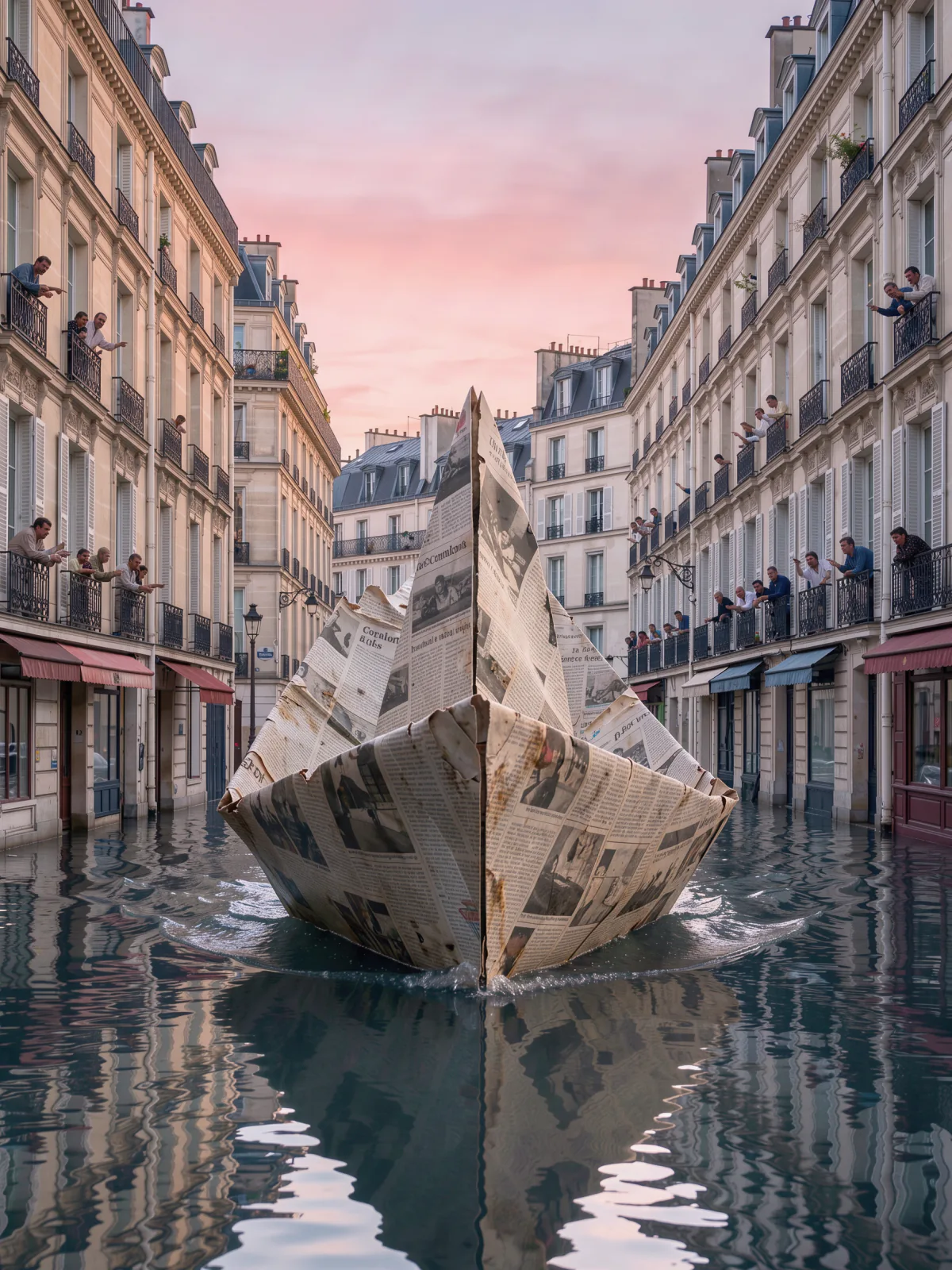 Result of the Giant paper boat in Paris prompt: giant newspaper boat sailing down a flooded Paris street at dawn while people watch from the balconies