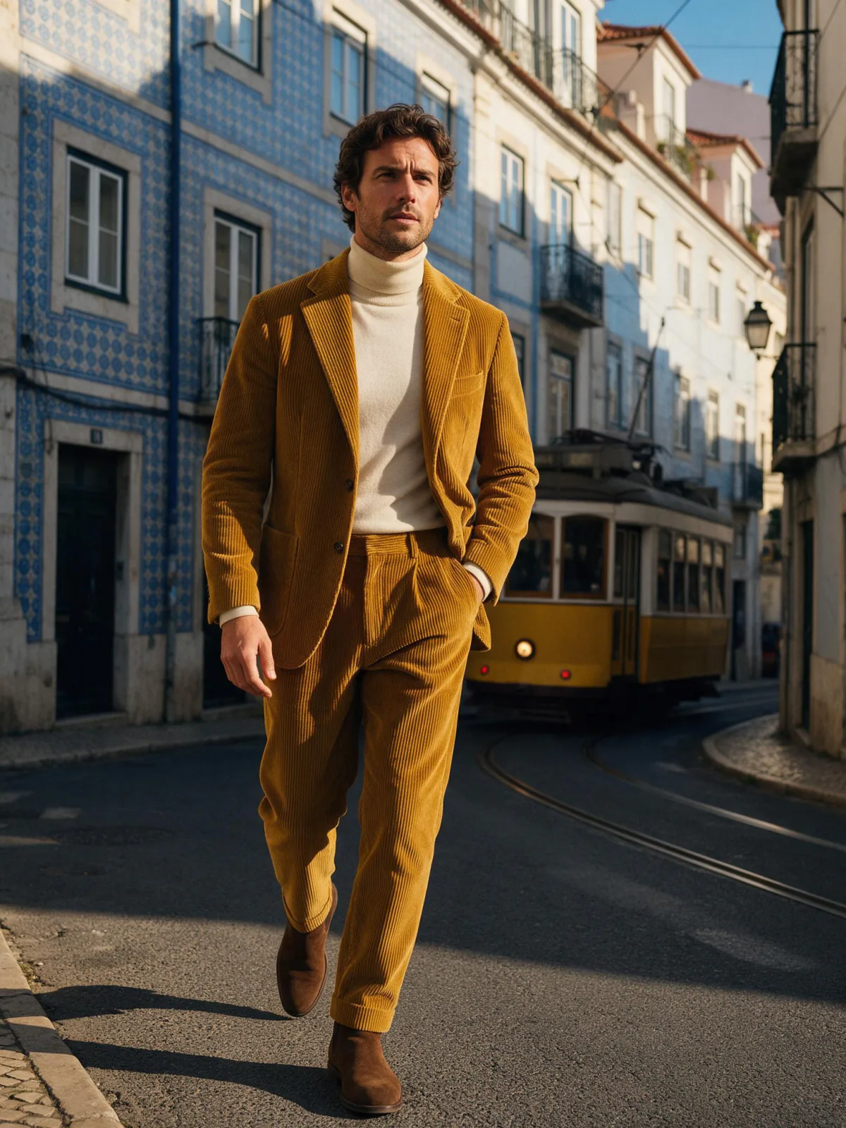 Result of the Mustard corduroy in Lisbon prompt: man in a mustard corduroy suit and cream turtleneck walking down a tiled Lisbon street with a yellow tram behind