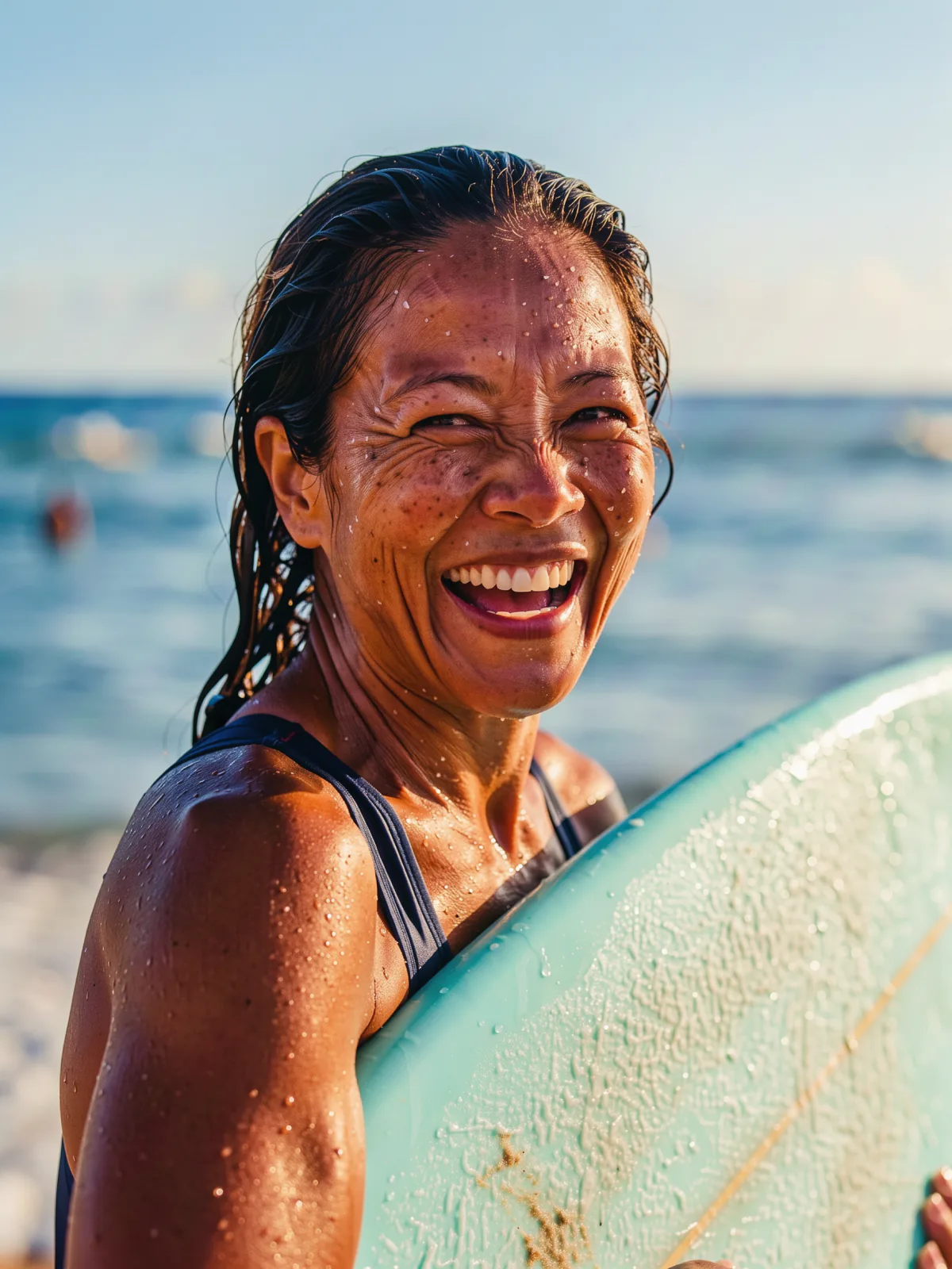 Result of the Surfer in golden hour light prompt: laughing woman surfer with wet hair and freckles holding her surfboard in golden hour light by the ocean