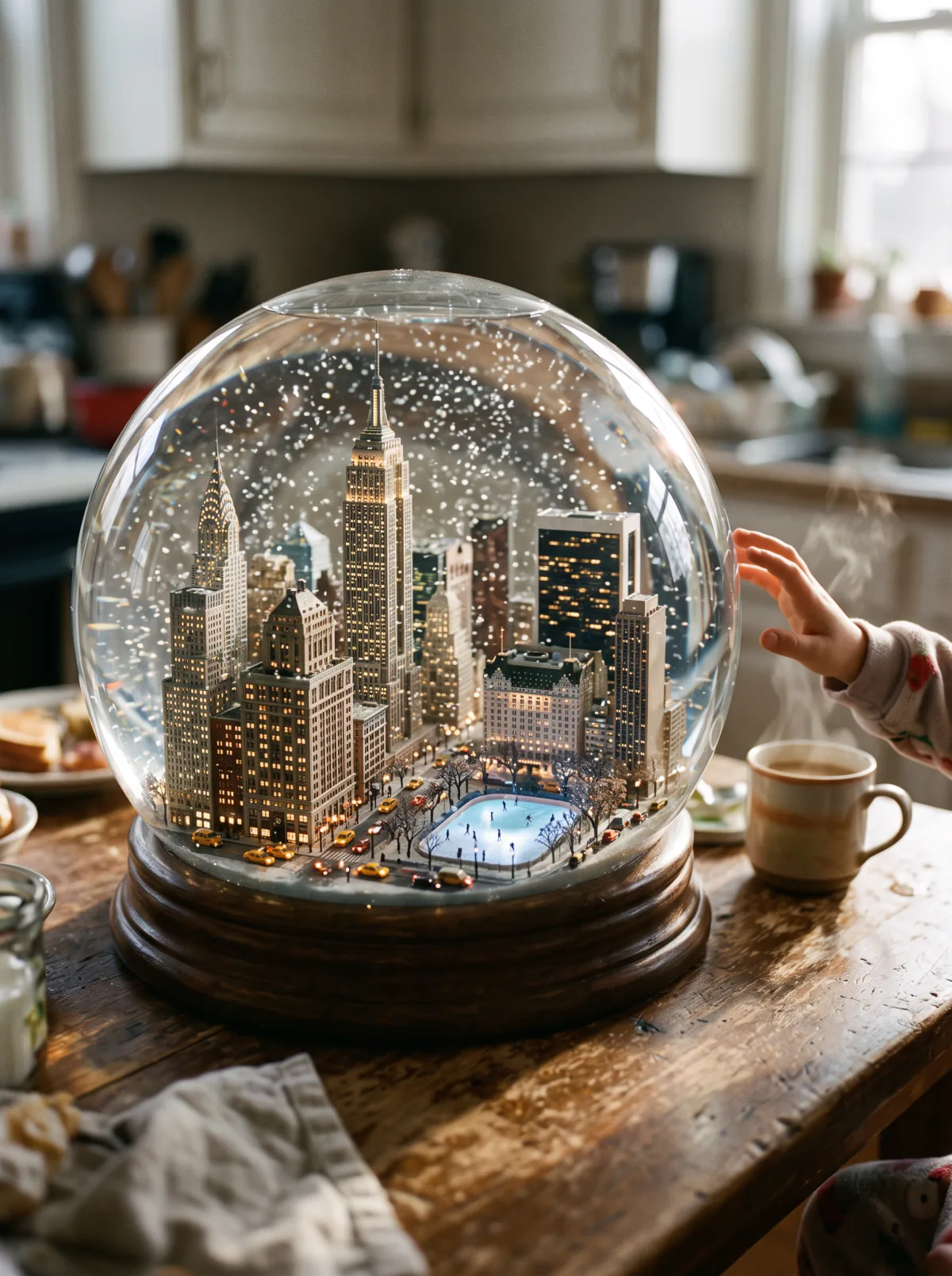 Result of the New York in a snow globe prompt: snow globe with a miniature New York and an ice rink inside on a kitchen table, a child's hand reaching for it