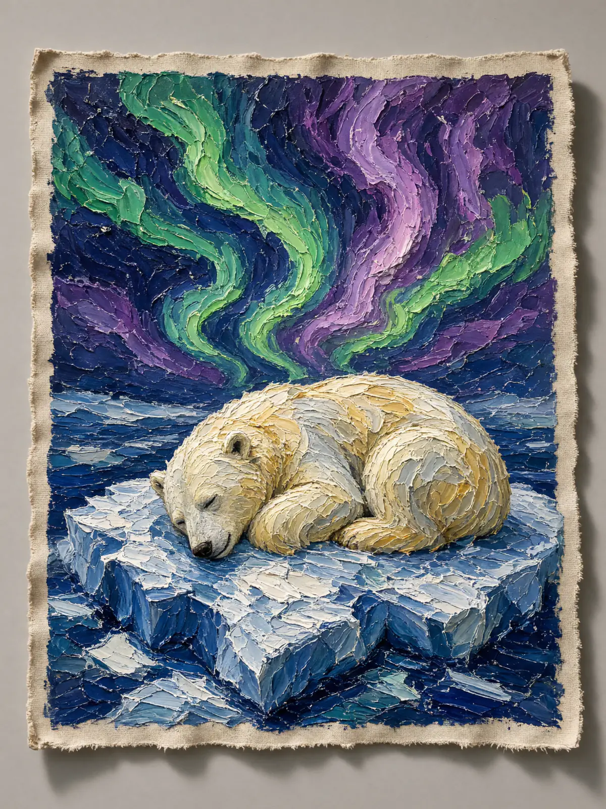 Result of the Polar bear in thick oil paint prompt: impasto oil painting of a polar bear asleep on an ice floe under green and violet northern lights