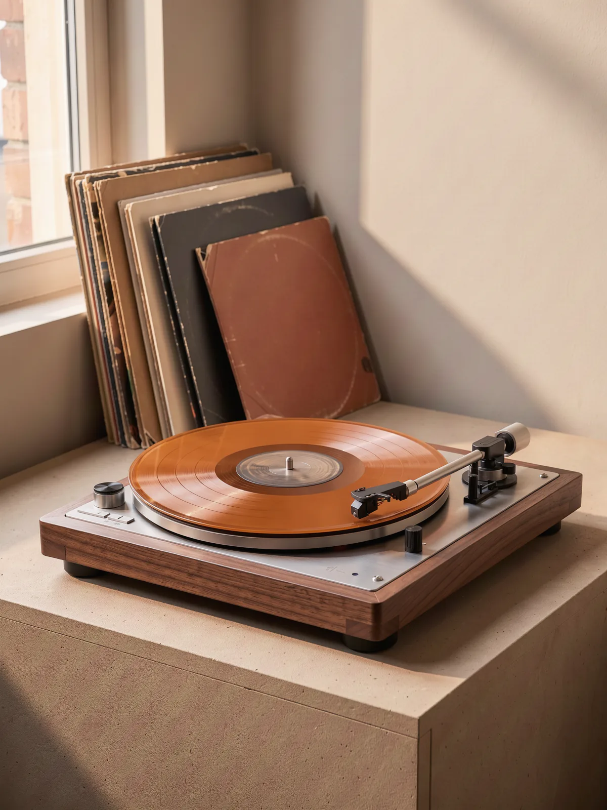 Result of the Record player with orange vinyl prompt: walnut record player with an orange vinyl record and a stack of sleeves in soft window light