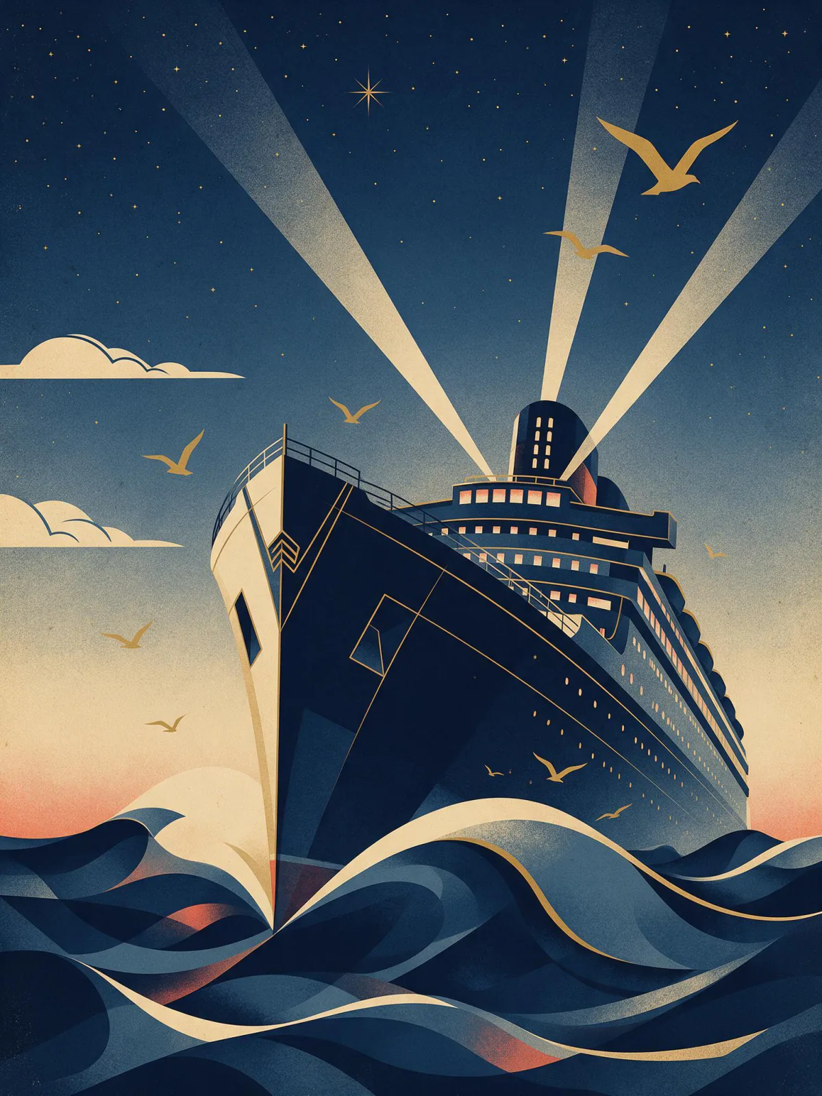 Result of the Art Deco ocean liner prompt: Art Deco illustration of an ocean liner cutting through stylised waves under searchlight beams and gold seagulls