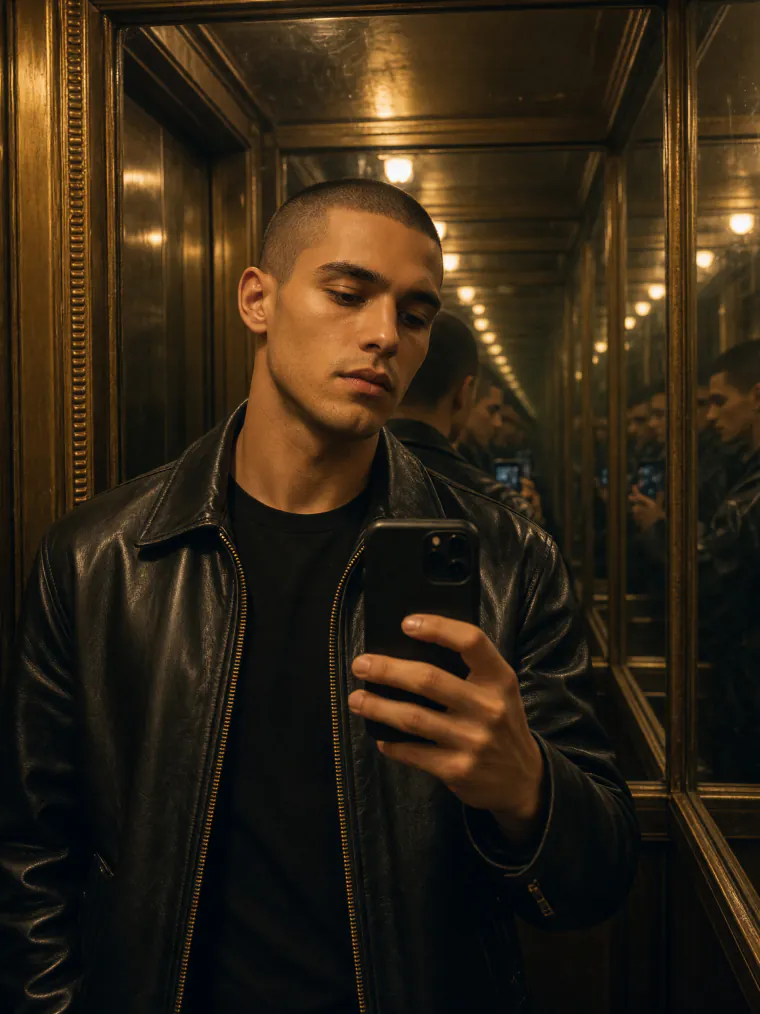 Mirror selfie in a brass elevator