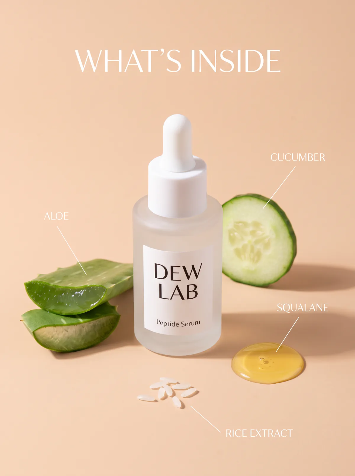 Result of the Serum with ingredient callouts prompt: Dew Lab peptide serum bottle on a peach background with aloe, cucumber, squalane and rice labelled around it