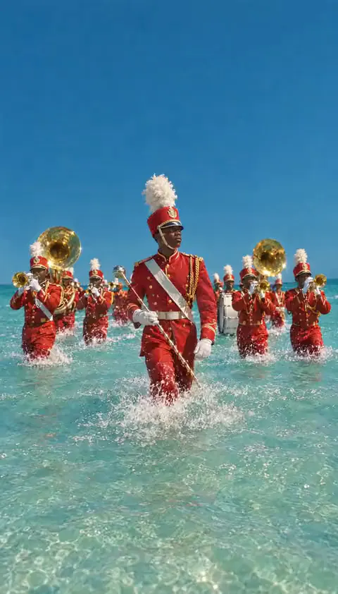 Brass band marching through the surf