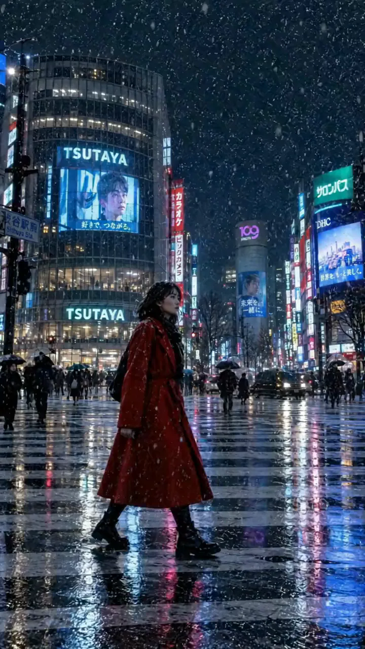 Result of the Red coat on a snowy Shibuya crossing prompt: a woman in a red coat walks across the snowy Shibuya crossing at night under neon signs