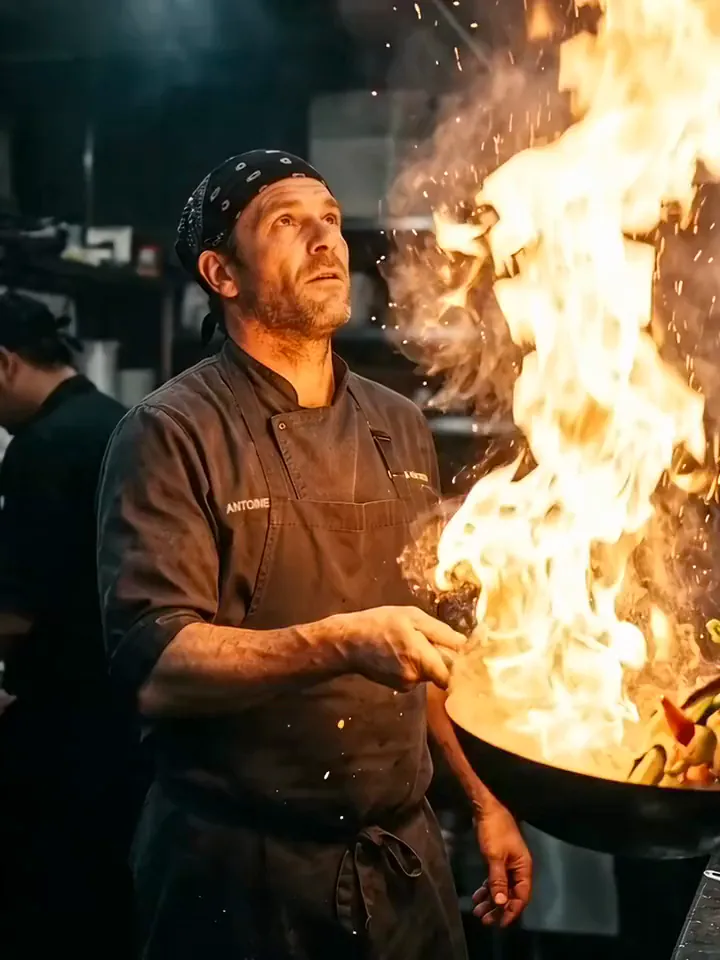Result of the Chef tossing a flaming wok prompt: a chef tosses a wok as a big burst of flame lights up the kitchen