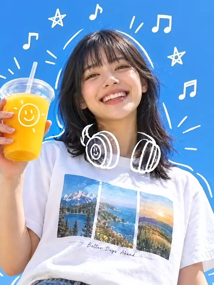 Result of the Doodles around a laughing girl prompt: a laughing girl raises her drink while white hand-drawn doodles jitter around her on a blue background