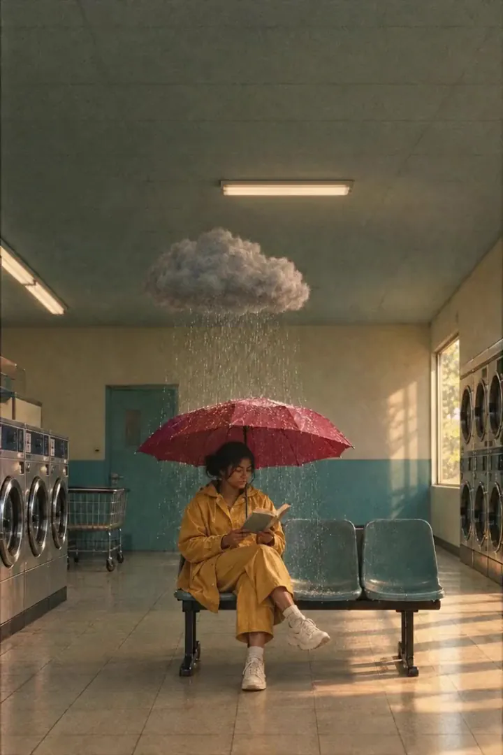 Result of the Rain cloud over a red umbrella prompt: a small grey cloud rains only on a red umbrella in an empty laundromat while the girl under it reads