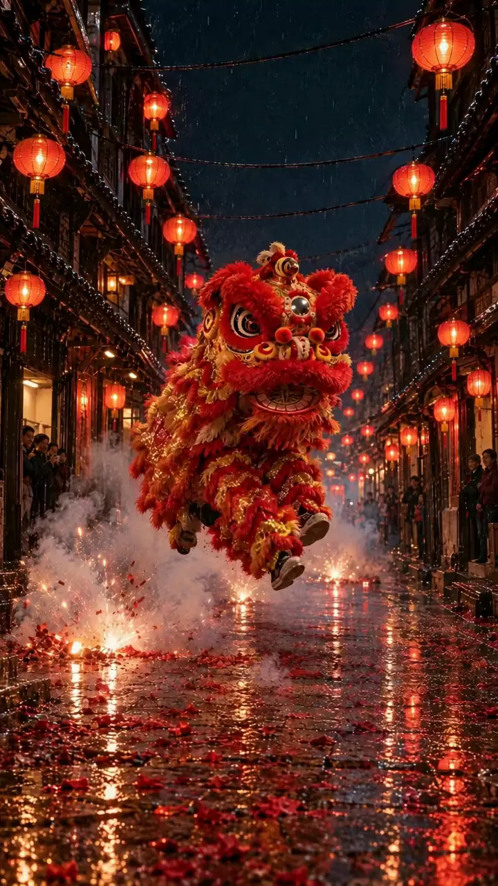 Result of the Lion dance in the rain prompt: lion dancers leap through a lantern-lit street in the rain as firecrackers burst around them