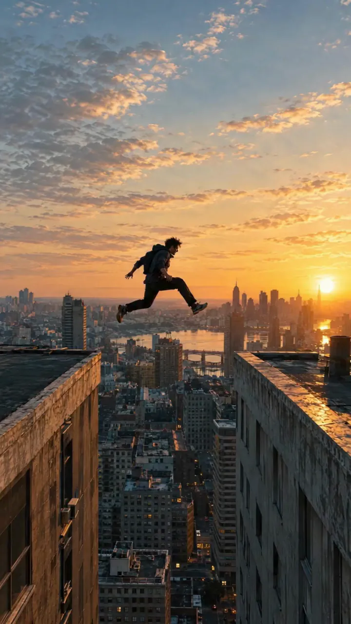 Result of the Rooftop parkour jump at golden hour prompt: a runner leaps across the gap between two rooftops high above the city at golden hour