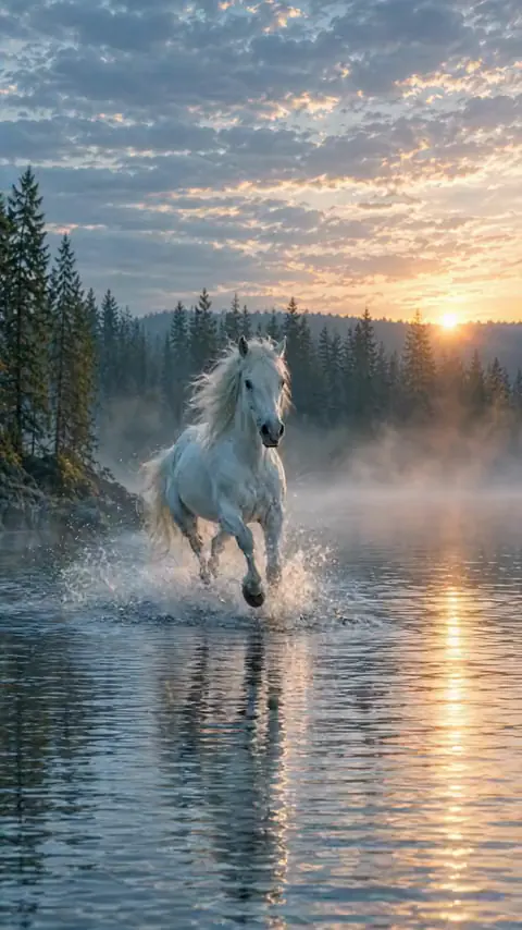 White horse in a misty lake