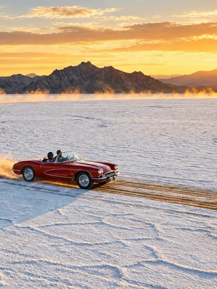 Result of the Red convertible on a salt flat prompt: a red vintage convertible races across a white salt flat at sunset, dust trailing behind