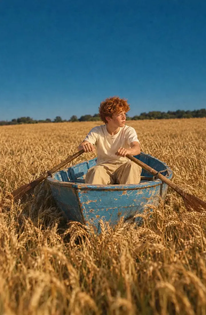 Result of the Rowing through a wheat field prompt: a boy rows a blue wooden boat through a golden wheat field