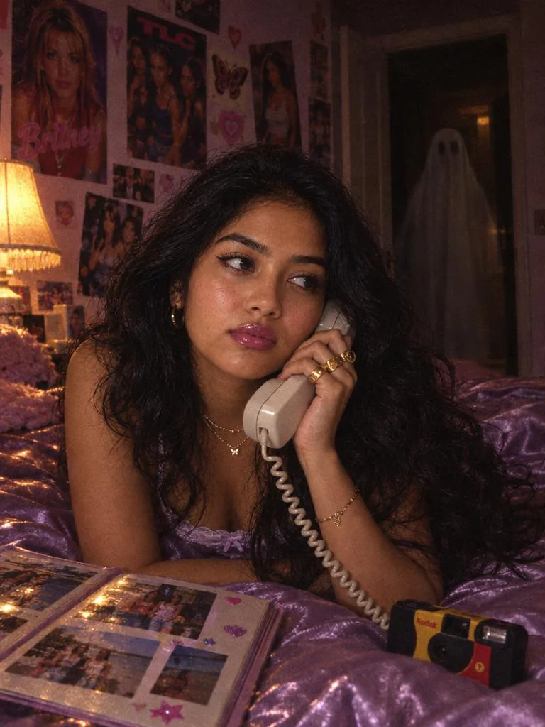 Result of the Y2K ghost in the doorway prompt: Woman on purple satin bedding with a landline phone in a grainy 90s bedroom, a bedsheet ghost in the doorway