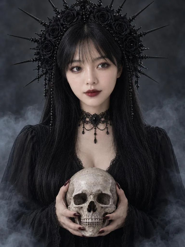 Result of the Gothic skull crown prompt: Woman with black hair in a spiked black crown, holding a skull in the fog