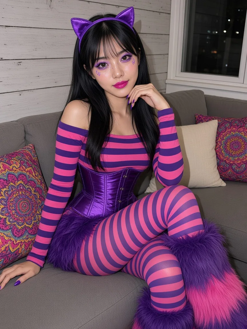 Result of the Cheshire Cat costume prompt: Woman with black bangs in a purple-and-pink striped Cheshire Cat costume with cat ears on a sofa, lit by flash
