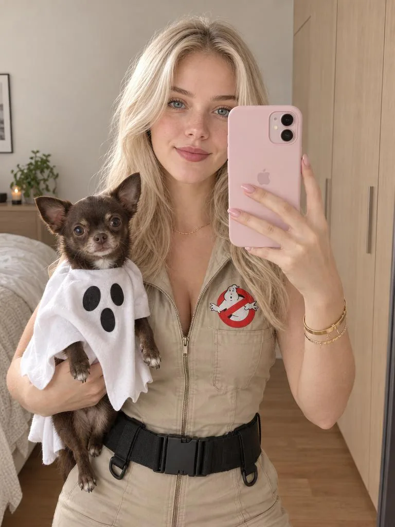 Result of the Ghost hunter mirror selfie prompt: Blonde woman in a ghost-hunter jumpsuit taking a mirror selfie with a small dog dressed as a ghost