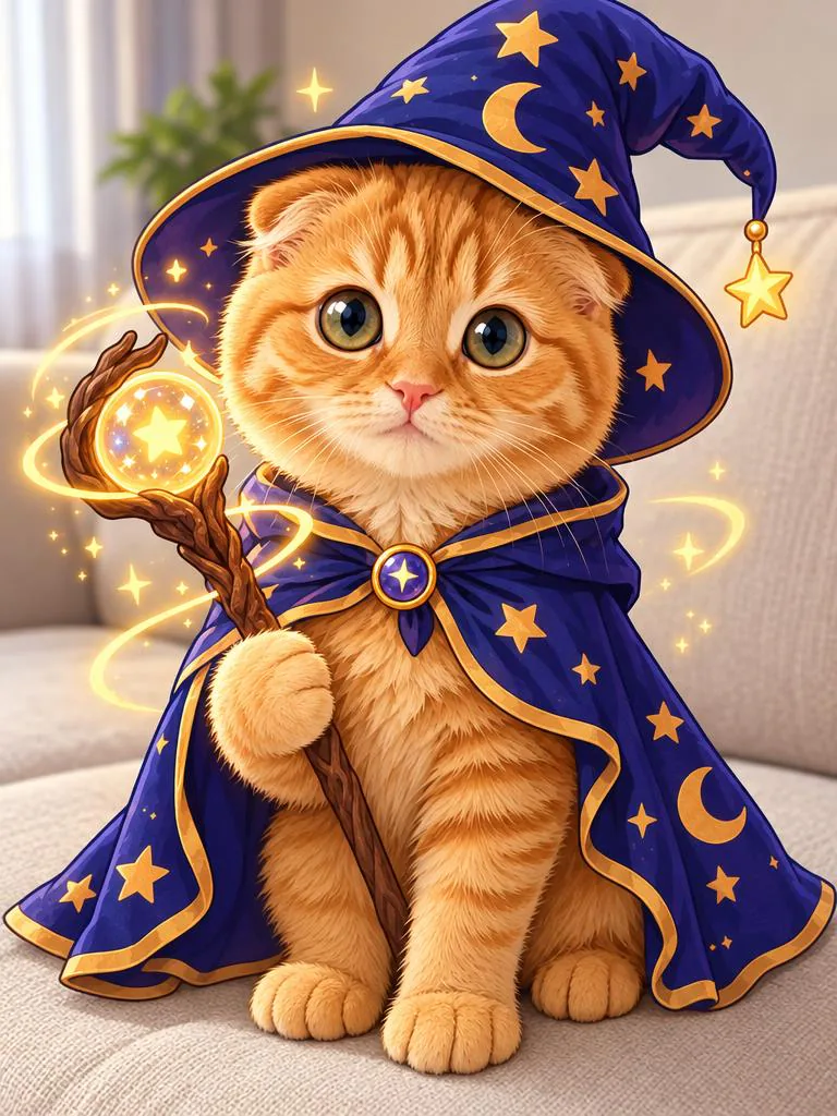 Result of the Pet as a cartoon wizard prompt: Ginger kitten as a cartoon wizard in a starry blue robe and hat, holding a glowing staff