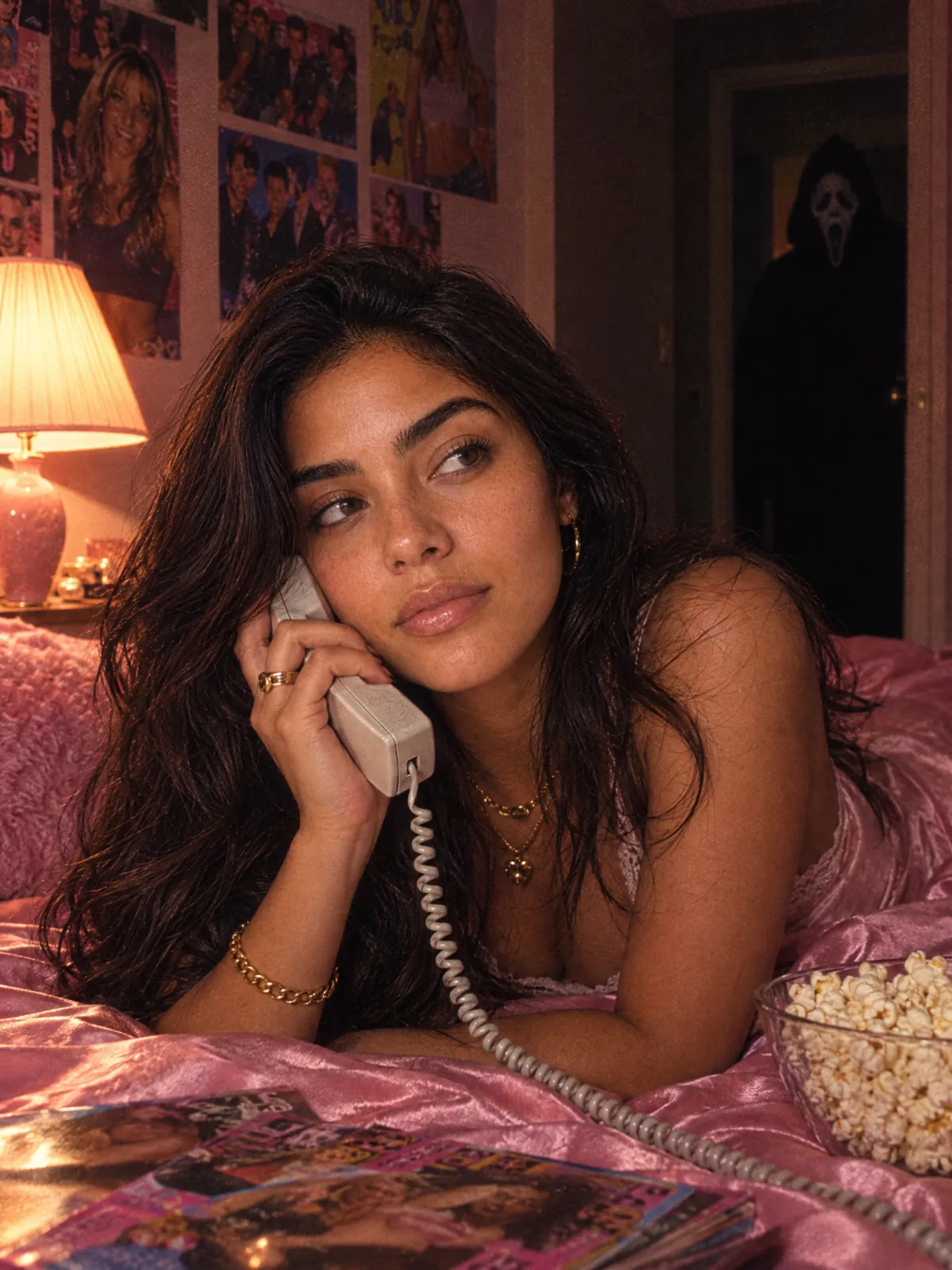 Result of the Ghostface in a pink bedroom prompt: Woman on pink satin bedding talking on a 90s corded phone while Ghostface stands in the dark doorway behind her