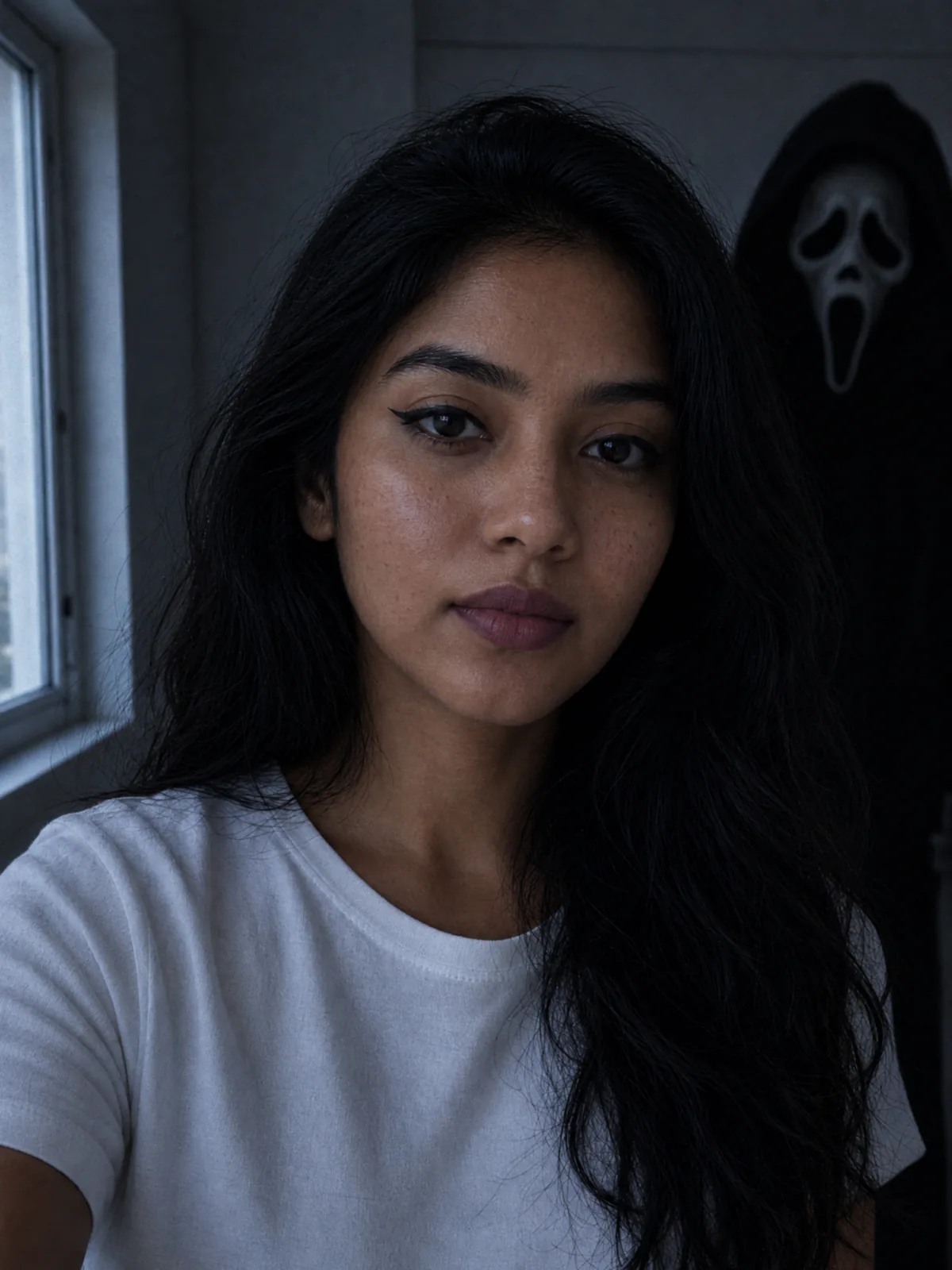 Result of the Ghostface behind you prompt: Selfie of a woman in a white T-shirt in a darkened room with Ghostface standing behind her shoulder