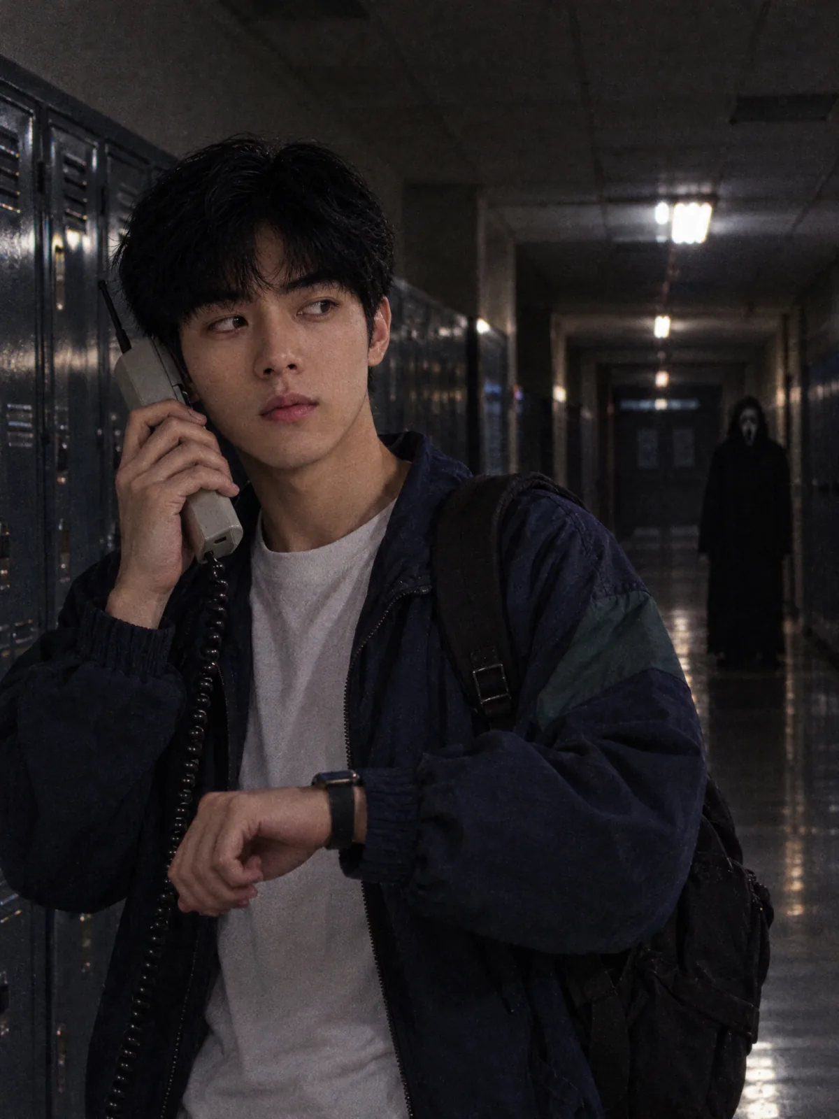 Result of the Ghostface in the school hallway prompt: Young man on a 90s phone in a dark school hallway with lockers, Ghostface far down the hall