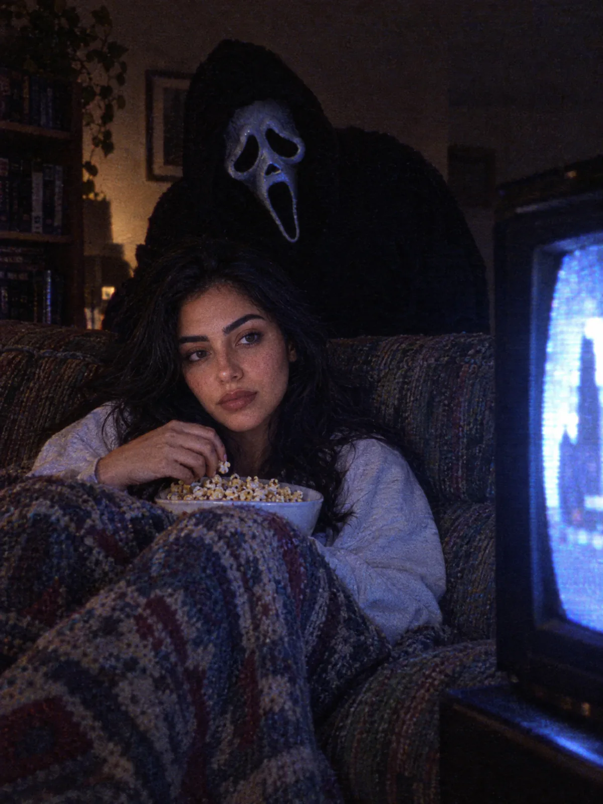Result of the Ghostface on movie night prompt: Woman with popcorn under a blanket watching a horror movie on a 90s TV, Ghostface leaning over the couch behind her