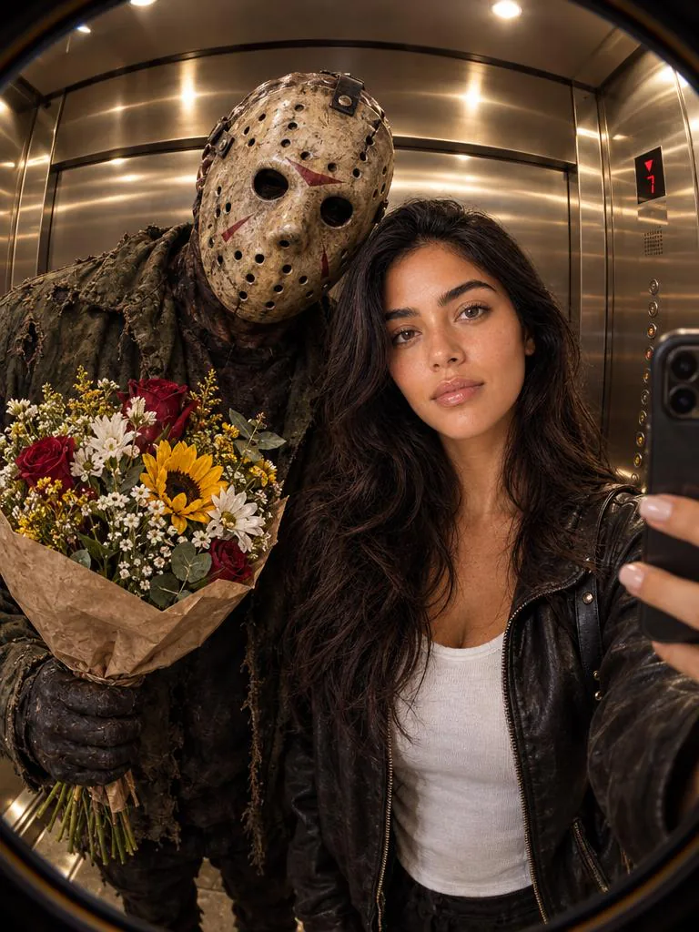 Result of the Elevator selfie with Jason prompt: Fisheye elevator selfie of a woman with long dark hair next to Jason Voorhees holding a bouquet of flowers