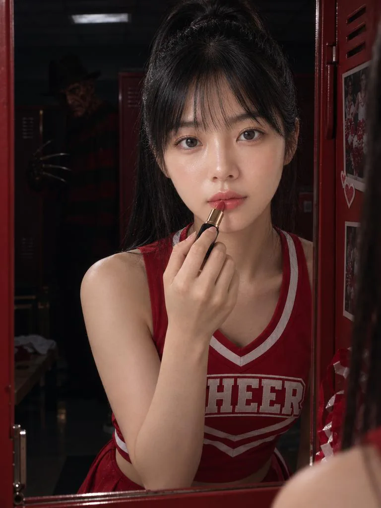 Result of the Freddy in the locker room prompt: Cheerleader in a red uniform putting on lipstick at her locker mirror while Freddy Krueger lurks in the dark locker room