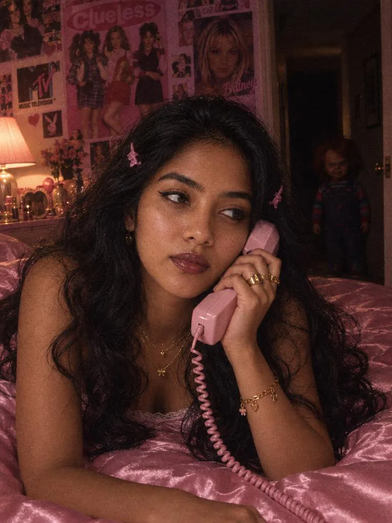 Result of the Chucky in a Y2K bedroom prompt: Woman on pink satin bedding with a pink 90s phone in a Y2K bedroom while Chucky stands in the dark doorway