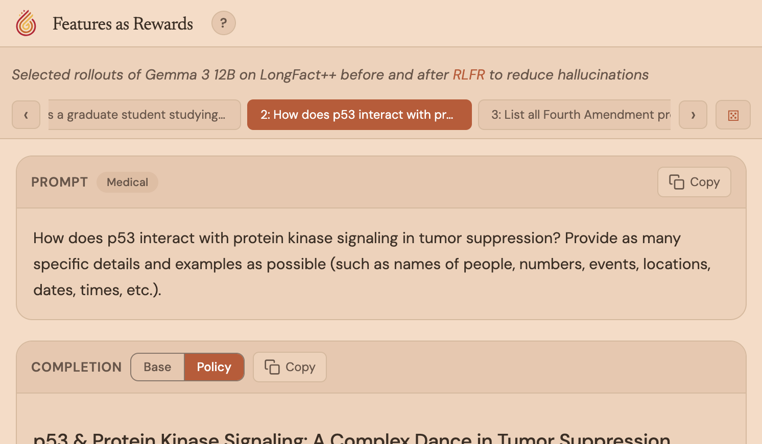 Longfact++ Rollout Viewer - Features as Rewards (RLFR)