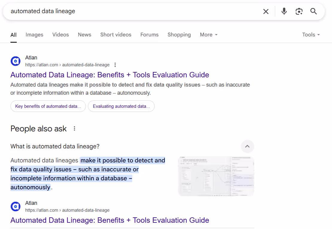 A screenshot of a Google search result for "automated data lineage"