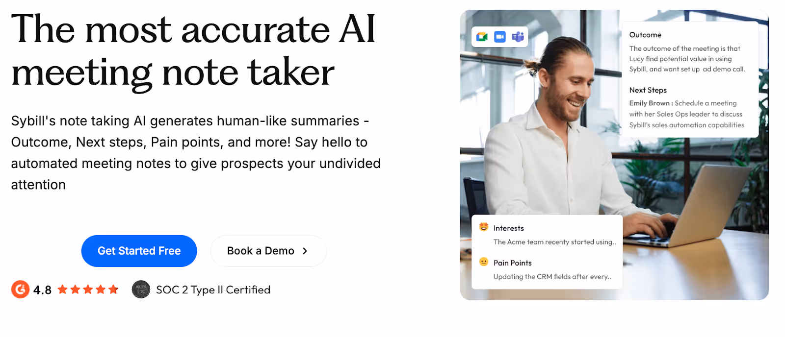 Screenshot of Sybill’s AI note-taker’s product page