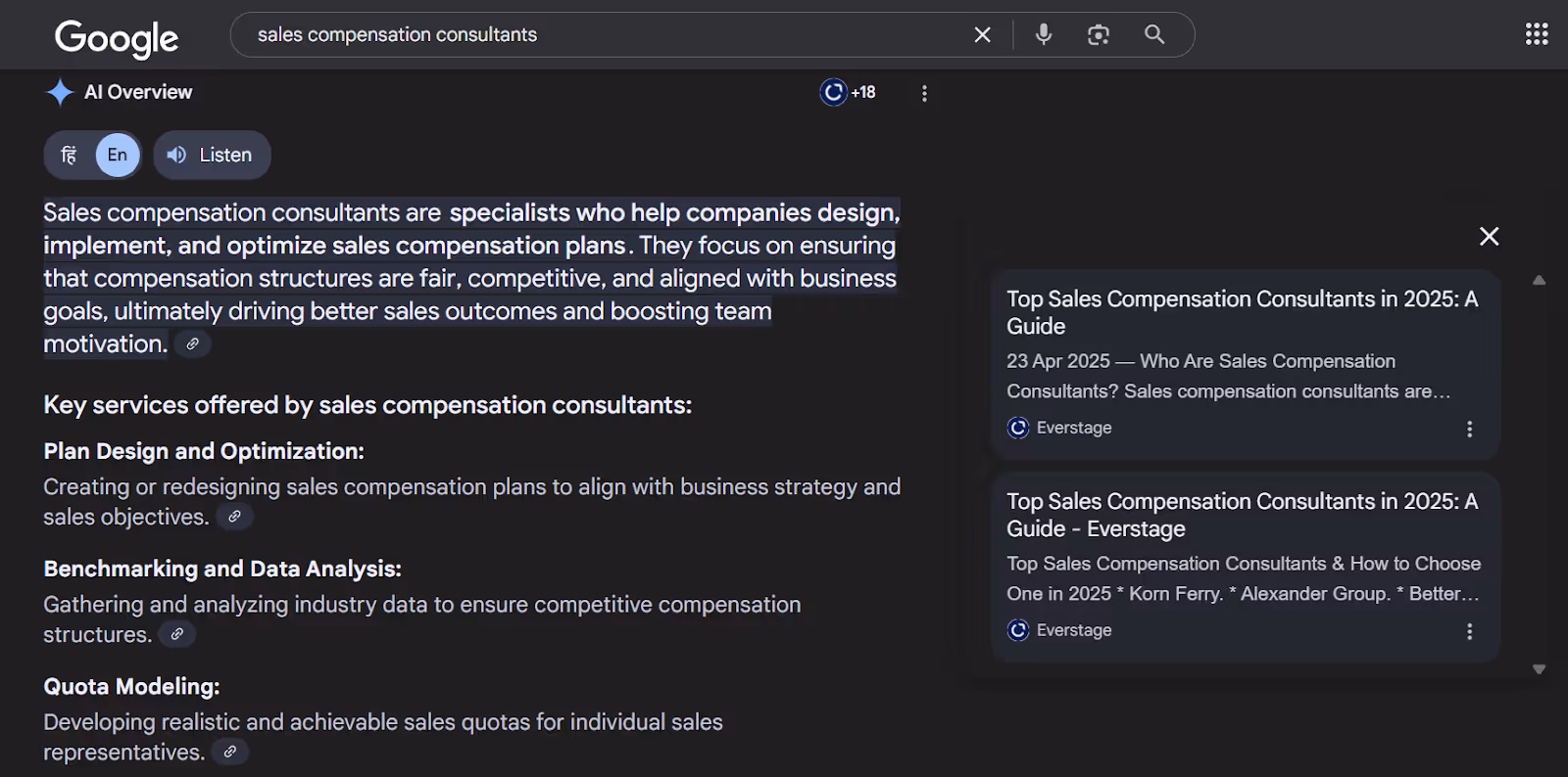 AI overview of sales compensation consultants on Google