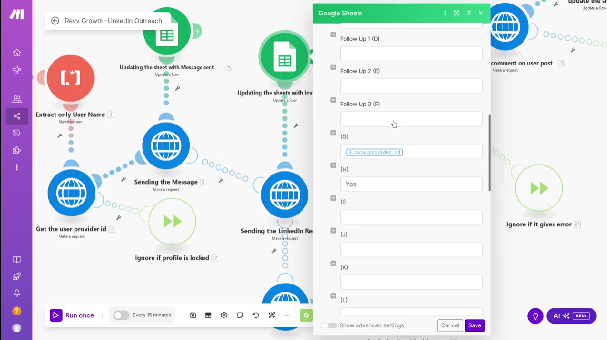 Tracking LinkedIn outreach progress with status labels in spreadsheet