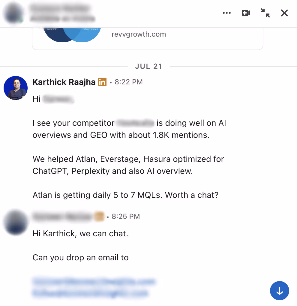 Outreach message sent via automation, followed by an engaging response from the prospect