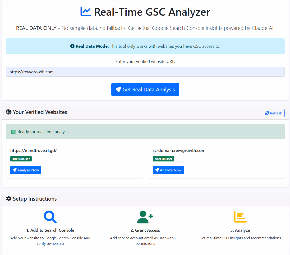 Homepage of Google Search Console Claude automation tool