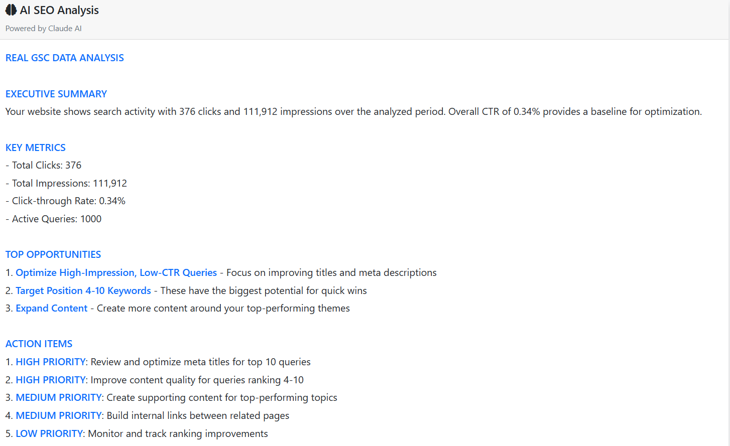 Claude AI SEO summary with top queries and next steps