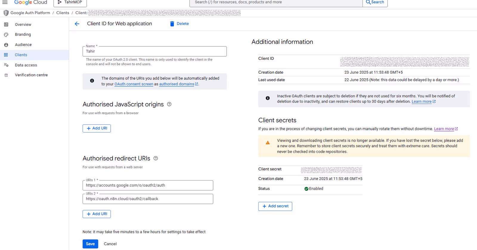 Google Cloud Console with service account linked to GSC for API access
