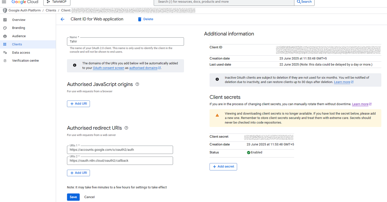 Google Cloud Console with service account linked to GSC for API access