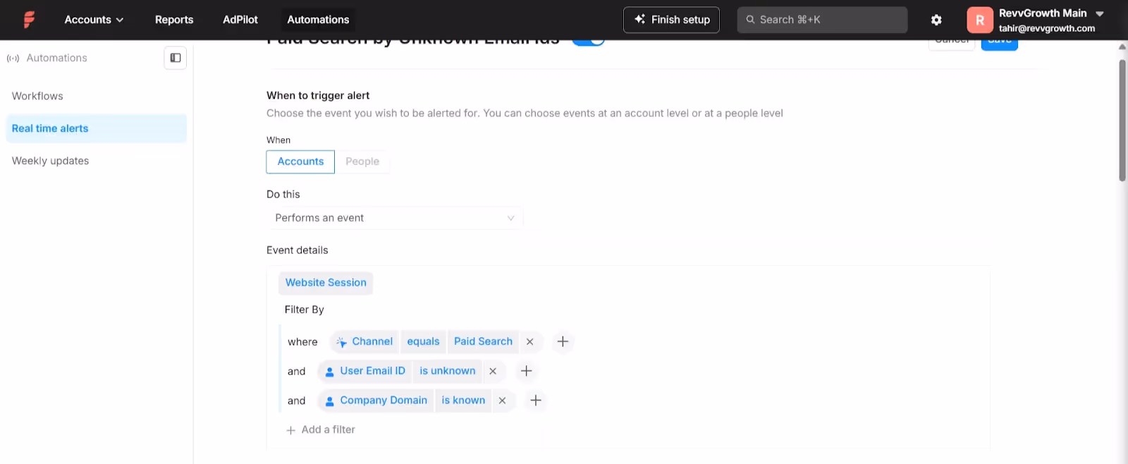 Factors.ai dashboard showing real-time filtered alerts for paid search visitors