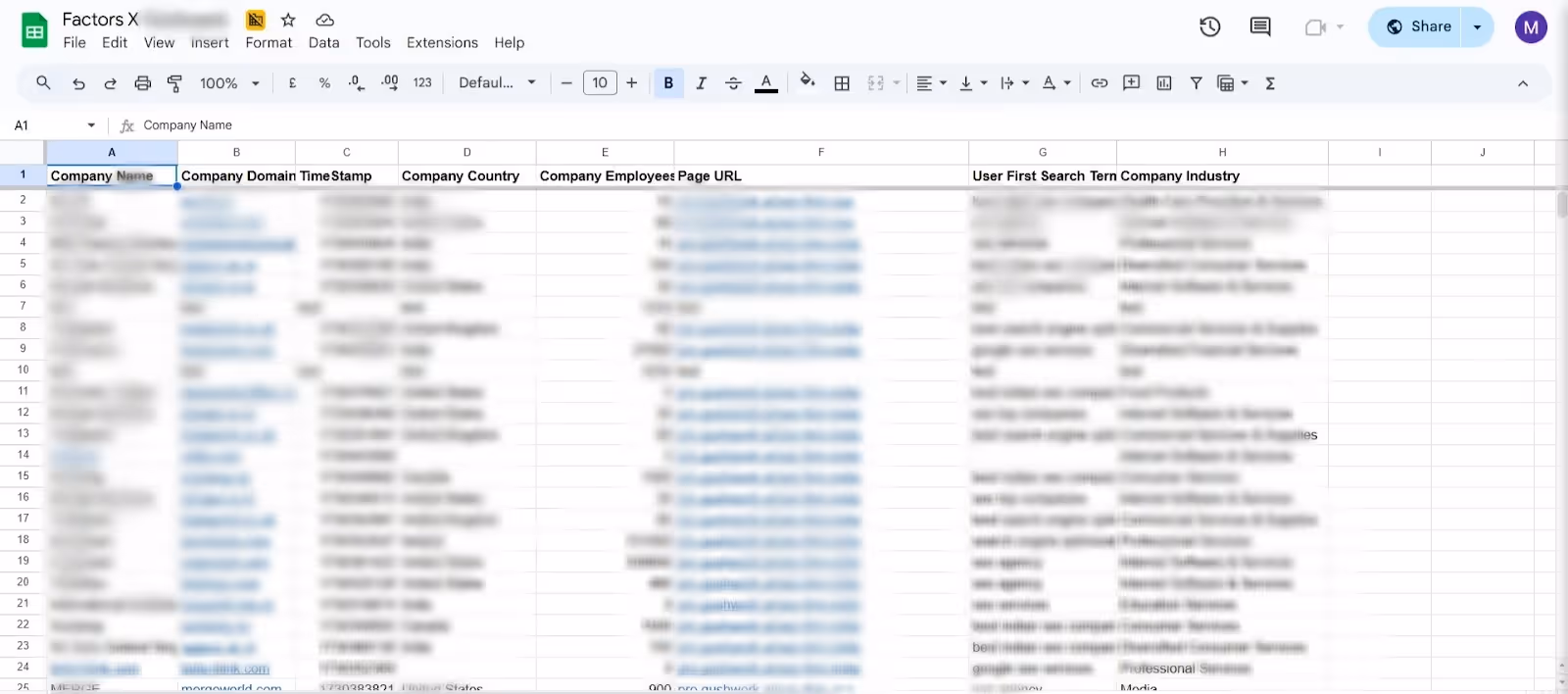 Filtered Google Sheet with enriched contact data