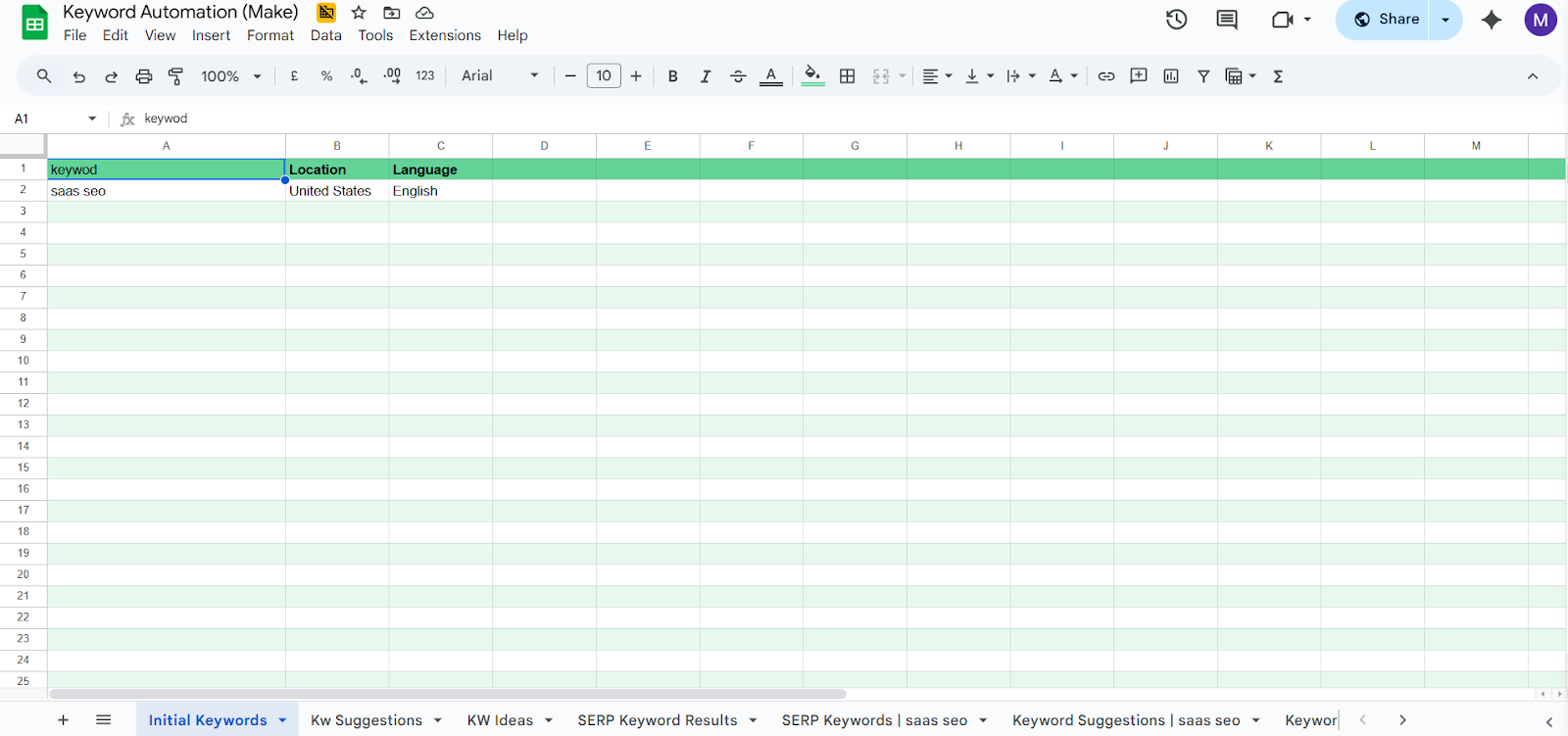 Google Sheet showing initial keyword list with location and language before automation